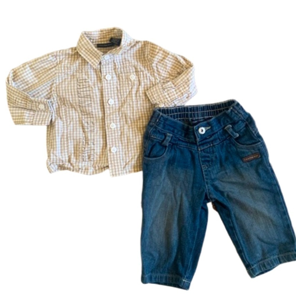 Calvin Klein Jeans Tan Checkered Button Down with Blue Denim Jeans